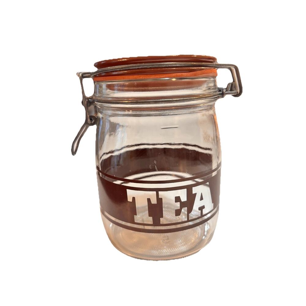 Vintage 1970’s Triomphe Tea Brown Stripe Canister Jar Glass Storage MCM 3/4L